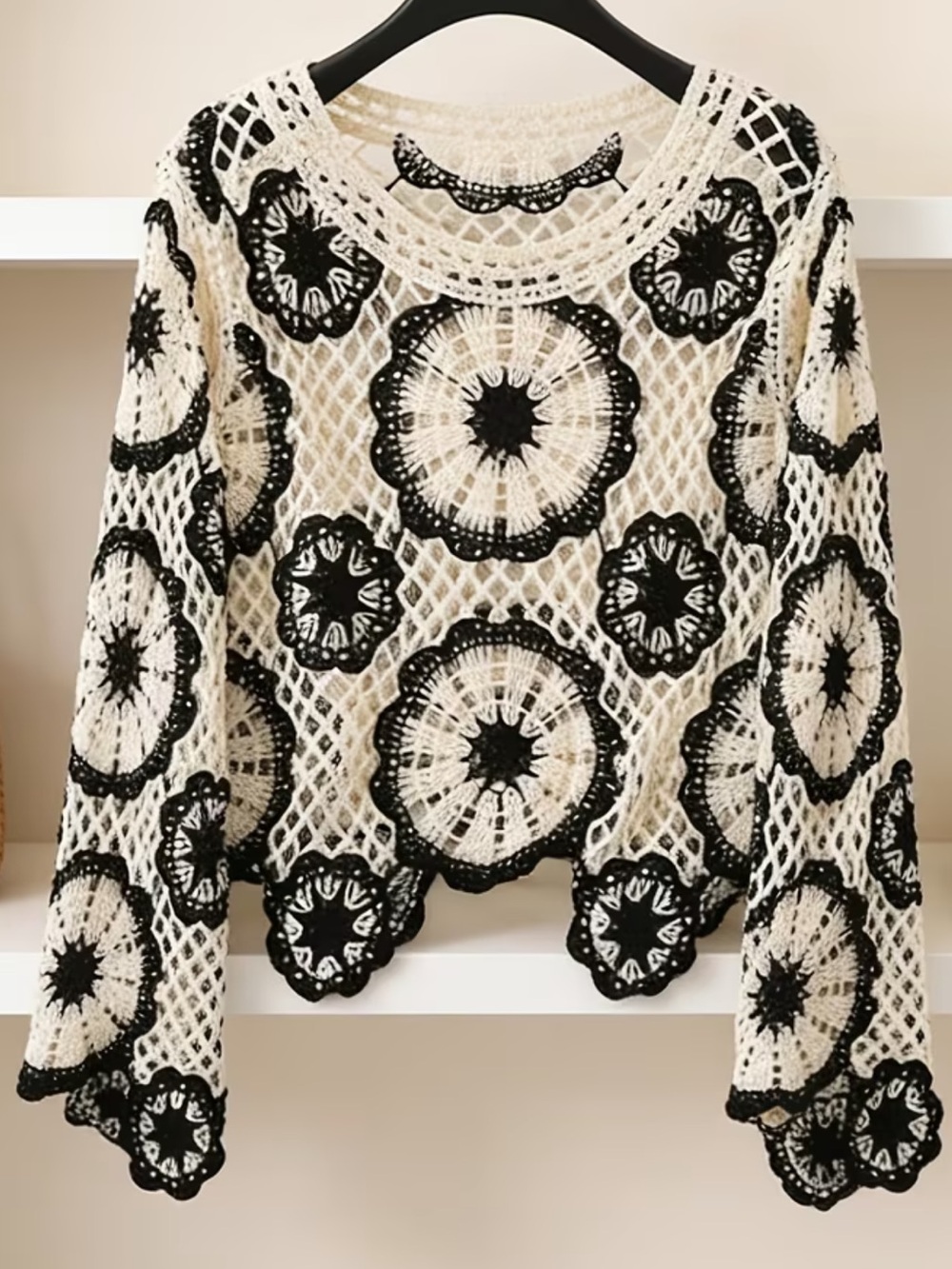 FINAL PRICE Ivory & Black Crochet Lace Top/Cover Up - Hand Crocheted 🧶